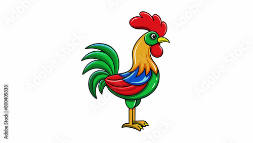 A sleek metal rooster figurine with vibrant red green and blue feathers. Its beak is pointed and its tail feathers are pointed upwards. The rooster. Cartoon Vector.