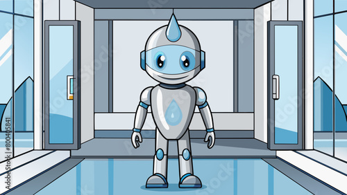A sleek humanoid robot with a smooth silver exterior and a head shaped like a teardrop. It stands at the entrance of a hightech office building. Cartoon Vector.