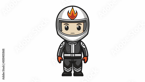 A sleek black and silver jumpsuit with flame decals down the sides is worn by the miniature race car driver. The matching helmet has a glossy finish. Cartoon Vector.