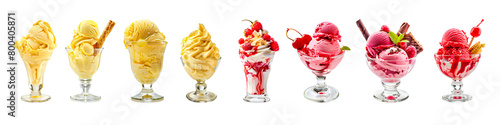 Isolated sundaes red ice cream frozen cone with fruit on white
