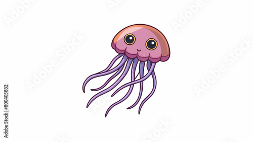 A small colorful jellyfish with a rounded body and short tentacles bobs near the surface of the water propelled by a gentle current.  on white. Cartoon Vector.