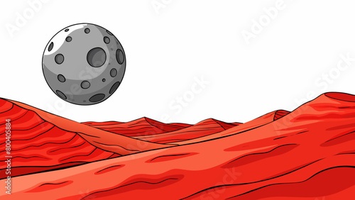 A small cratered moon hangs low in the sky above a vast desolate desert of red sand dunes. Off in the distance a swirling dust storm obscures the. Cartoon Vector.