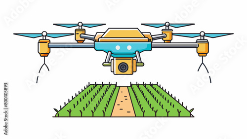 A small compact drone equipped with a specialized spraying mechanism gently hovers over a field of crops carefully dispensing fertilizer to promote. Cartoon Vector.