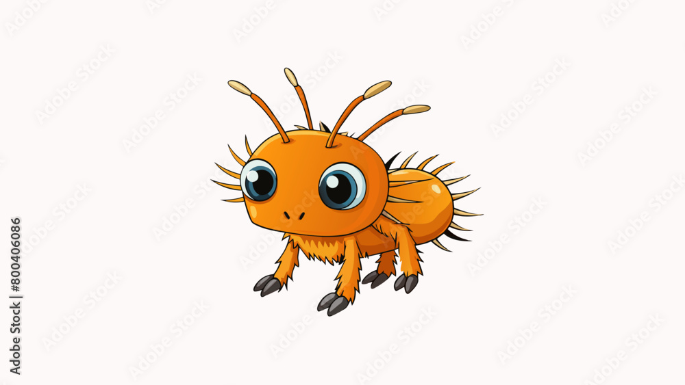 Fototapeta premium A small vibrant orange creature with a rounded body and many legs that end in sharp black claws. Its head is adorned with two long feathery antennae.. Cartoon Vector.