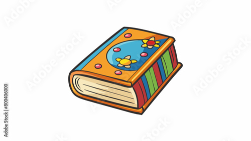 A small paperback book with a colorful whimsical cover. The pages are thin and delicate indicating it is a wellread and cherished childrens book. . Cartoon Vector.