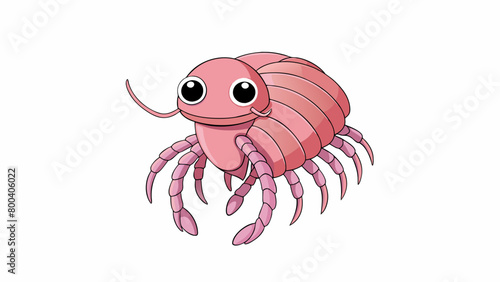 A small pink crustacean with long delicate antennae and beady eyes. Its slender curved body is covered in tiny ridges and has several pairs of legs. Cartoon Vector.