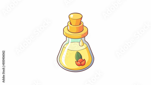 A small vial filled with a clear pale yellow liquid. The scent is light and floral with a hint of warmth. A few drops of this oil can transport one to. Cartoon Vector.