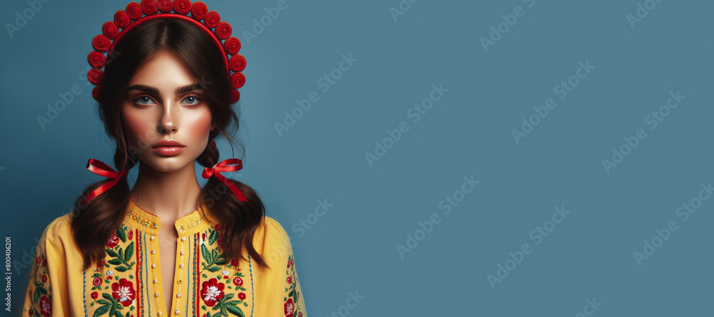 Ukrainian woman in an embroidered dress.