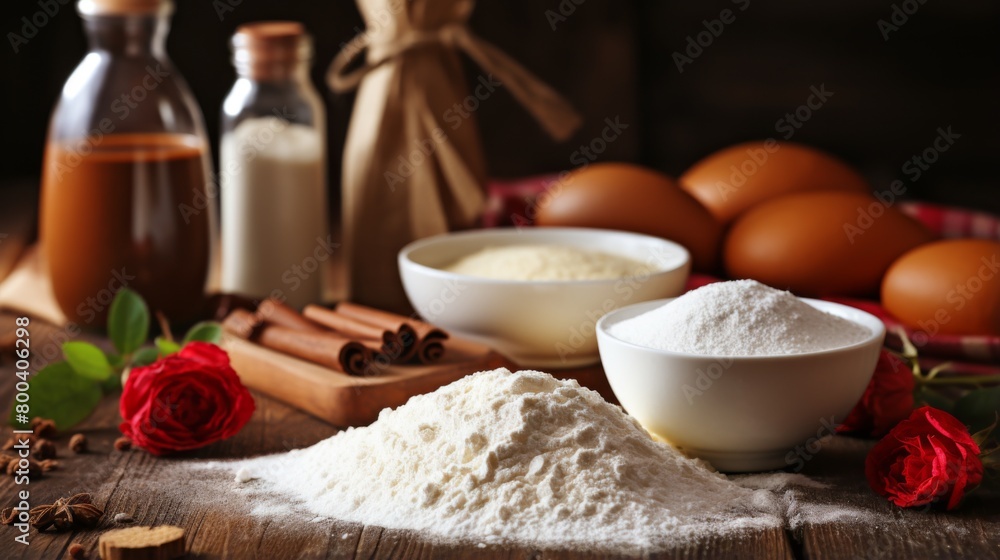 A baking prep scene with piles of flour, eggs, fresh milk, and roses adds a romantic touch to culinary arts