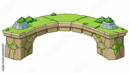 A stone arch bridge delicately balancing on a single central pillar and connecting two cliffs over a deep ravine. The stones are intricately carved. Cartoon Vector.