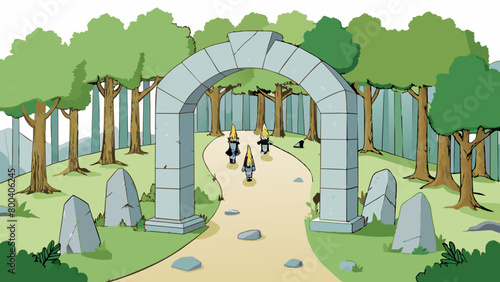 A stone archway hidden in the midst of a dense forest. It seems ancient and mystical with intricate runes carved into its surface. As a group gathers. Cartoon Vector.