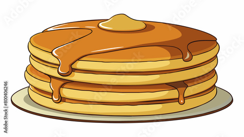 A stack of fluffy golden pancakes drizzled with a thick dark syrup that seeps into every crevice. The aroma of warm sugary sweetness fills the air. Cartoon Vector.