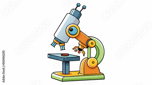 A student microscope with a builtin light source and adjustable stage. Resting on the stage is a small insect its exoskeleton and segmented body. Cartoon Vector.