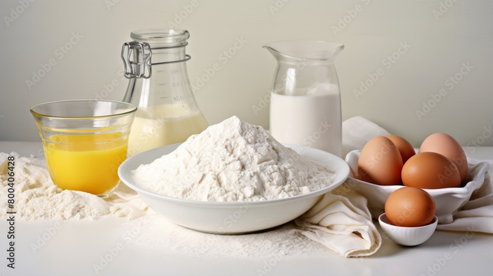 Key baking ingredients like flour, eggs, and milk neatly arranged on a white surface Key baking ingredients like flour, eggs, and milk neatly arranged on a white surface