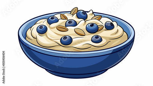 A thick and creamy oatmeal cooked with almond milk and a dash of vanilla extract. It is topped with fresh blueberries and a dollop of Greek yogurt. Cartoon Vector.