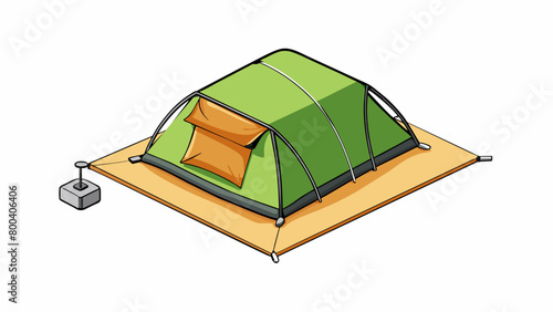 A tent footprint is a compact and easytopack piece of equipment that serves as a ground cover for a tent. It often has reinforced corners and loops. Cartoon Vector.