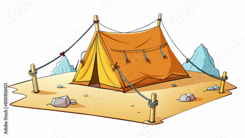 A tent pitched in a windy desert its ropes firmly attached to nearby rocks and trees to keep it from blowing away.  on white background . Cartoon Vector.