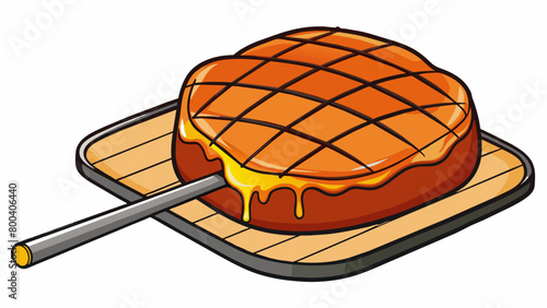 A thick and juicy ham steak sizzling on the grill caramelized and charred on the edges with lines of golden honey glaze running down the sides. The. Cartoon Vector. photo