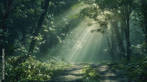 A mystical forest path illuminated by shafts of sunlight, hinting at a journey of spiritual growth and enlightenment on Ascension Day. 