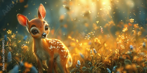Fawn in the meadow at sunset. Banner with space for text.