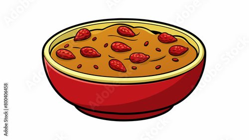 A thick chunky dip that combines chopped nuts sundried tomatoes and olive oil. The dip has a bright red color and a rich nutty taste.  on white. Cartoon Vector.