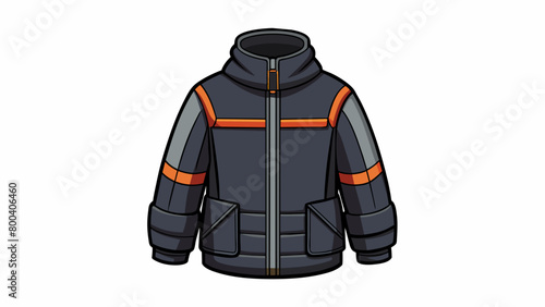 A thick black fireproof jacket with reflective stripes and a high collar. The jacket has a clip at the front and adjustable ss at the wrists.  on. Cartoon Vector.