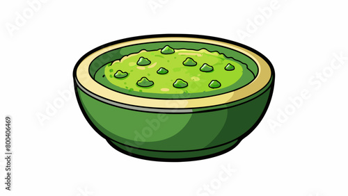 A thick emerald sauce made from crushed basil leaves olive oil and grated hard cheese. The sauce has a smooth consistency and a strong herbaceous. Cartoon Vector.
