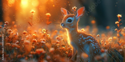Fawn in the meadow at sunset. Banner with space for text