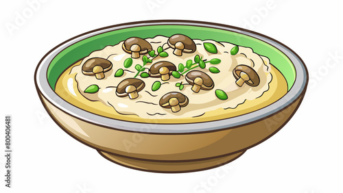 A thick gritslike porridge topped with saut ed mushrooms herbs and shredded parmesan cheese.  on white background . Cartoon Vector.