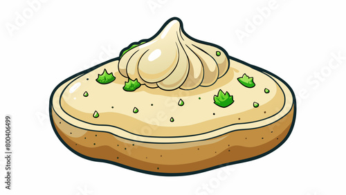 A thick pale dressing with a vibrant burst of garlic and anchovy undertones. The velvety texture coats each bite while small green flecks of herbs add. Cartoon Vector.