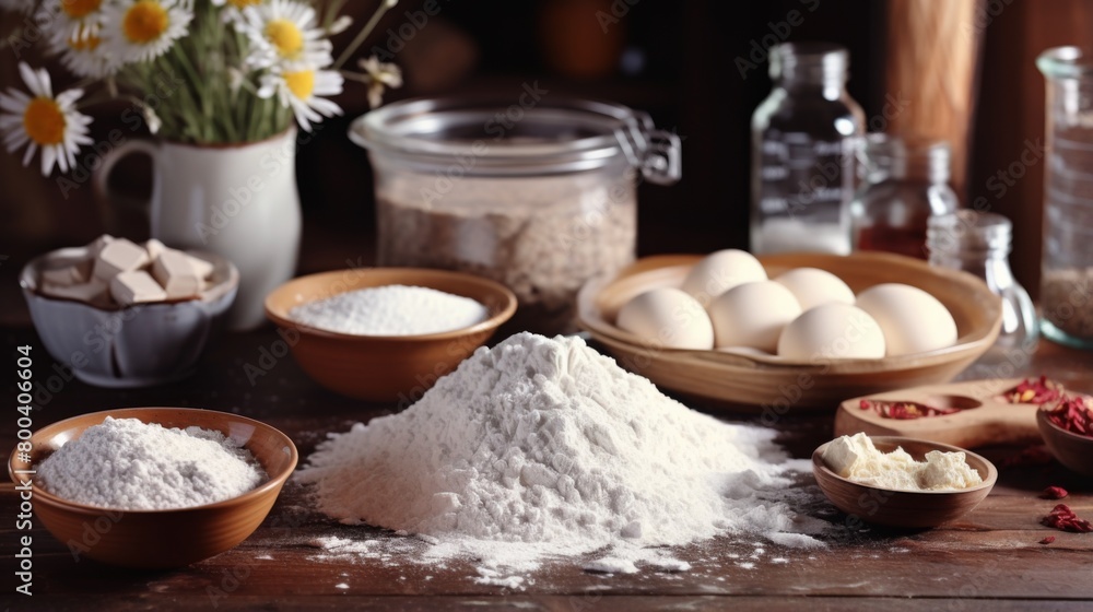 Artistic display of baking ingredients with natural light emphasizing the mood of artisanal food preparation Artistic display of baking ingredients with natural light emphasizing the mood of artisanal food preparation