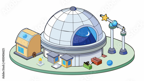 A uniquelyshaped observatory with a large dome at the top for stargazing. Inside there are various telescopes and hightech equipment used for studying. Cartoon Vector.