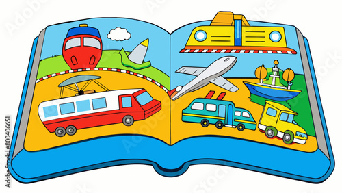 A vehicles coloring book featuring different modes of transportation such as airplanes boats and trains. The pages are sy and can withstand little. Cartoon Vector.