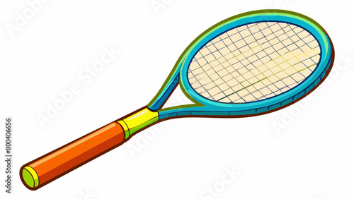 A vibrant and colorful tennis racket designed with a mixture of glossy and matte finishes. Its wide head and stiff frame make it ideal for smashing. Cartoon Vector.