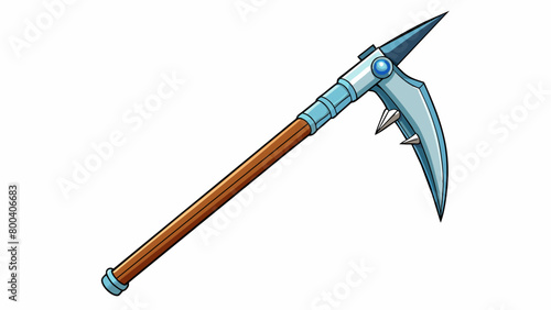 A versatile tool for mountaineering the ice axe has a long straight shaft topped with a sharp metal pick and a sharp aluminum spike. The pick can be. Cartoon Vector.