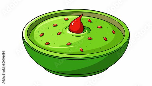 A vibrant green sauce almost neon in color with tiny flecks of herbs and chili peppers dotting its surface. Its fresh zesty aroma prepares your senses. Cartoon Vector.