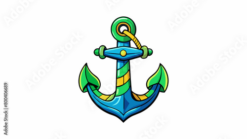 A vibrant handpainted anchor tattoo adorning the forearm of a sailor. Its bold blue and green colors intertwined with intricate designs and symbols. Cartoon Vector.