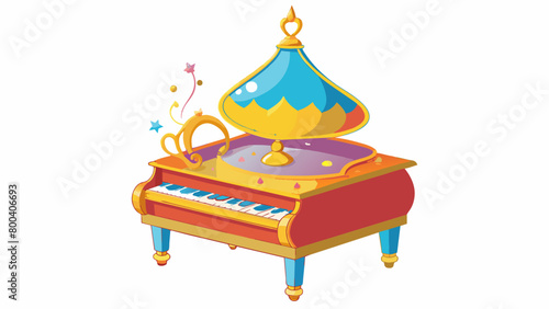 A vibrant intricatelydecorated music box sits atop a grand piano. When the lid is od a tiny whimsical genie made of spun gold and glitter pops out. Cartoon Vector.