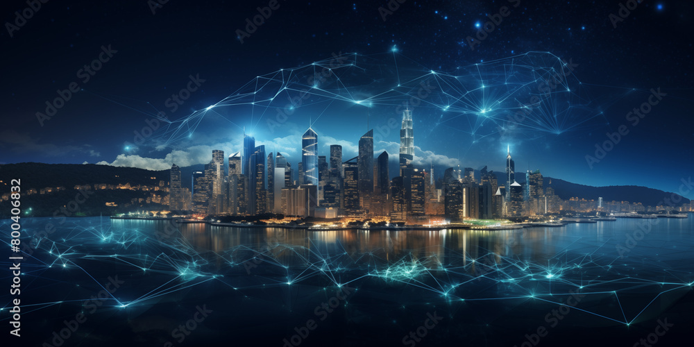 Digital illustration of a city a night with technology connection lines Communication technology for internet business concept
