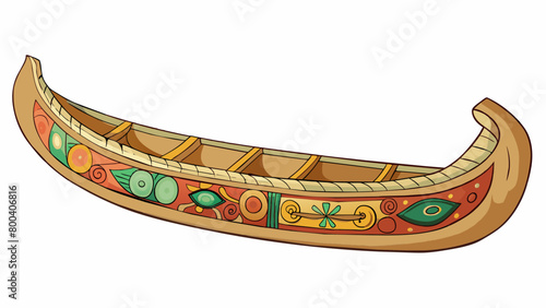 A wellworn canoe sat on the shore its smooth and curved sides showing signs of years of use. Along its length intricate carvings depicted colorful. Cartoon Vector.