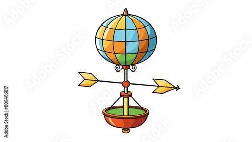 A whimsical weather vane made of stained glass depicting a hot air balloon floating in the sky. The basket below the balloon spins around showing the. Cartoon Vector.