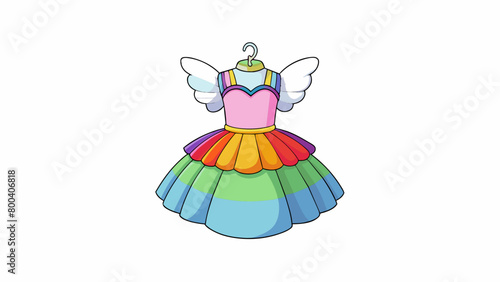 A whimsical rainbowcolored dress with a fluffy tutu skirt and a bodice covered in iridescent sequins. The dress has organza sleeves and a rainbow. Cartoon Vector.