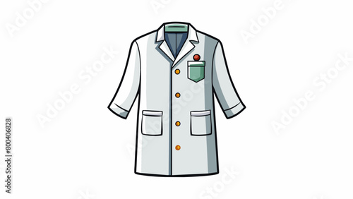 A white lab coat made of soft fabric with a buttonup front small pockets and a little name tag that can be personalized.  on white background . Cartoon Vector.