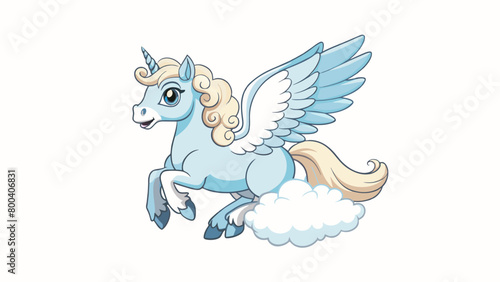 A wise and ancient Pegasus with a wise and gentle demeanor. Its pearly white coat is fringed with a mane and tail made of soft wispy clouds. As it. Cartoon Vector.