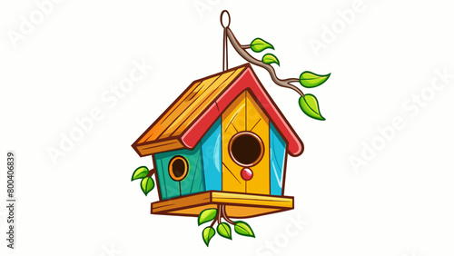 A wooden birdhouse hanging from a tree branch painted in bright colors and adorned with intricate carvings. The wood is weatherresistant and provides. Cartoon Vector.