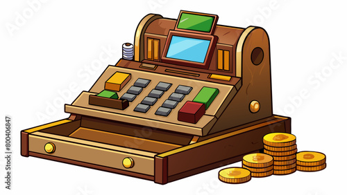 A wooden cash register with a chalkboard display for writing item prices and a working rotary for calculating totals. Comes with play coins bills and. Cartoon Vector.