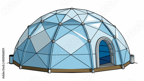 A winter camping tent with a sy geodesic dome design. The tent is made of thick waterproof material and is reinforced with heavyduty aluminum poles. Cartoon Vector.