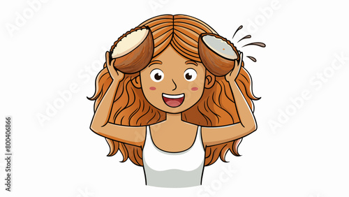 A womans hands are coated in a layer of smooth slippery liquid as she massages pure coconut oil into her hair. The oils silky texture easily coats. Cartoon Vector.