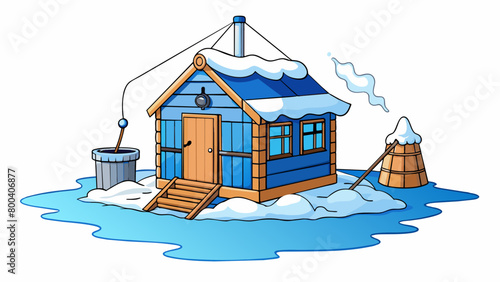 A wooden shelter painted in shades of blue and white sitting on the snowy expanse of a lake. Smoke billows out of a small chimney on the roof hinting. Cartoon Vector.