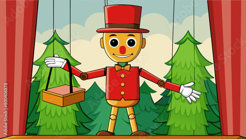 A wooden marionette with jointed limbs and a handpainted face. It wears a red velvet top hat and a ruffled collar and its strings are tied to a. Cartoon Vector.
